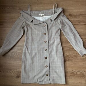 Maje Redwan Beige Plaid Off-Shoulder Dress button up dress size 1 XS / S
